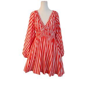 Bohemian Traders V-Neck Elastic Waist Mini Dress Red White Stripe Long Sleeve L